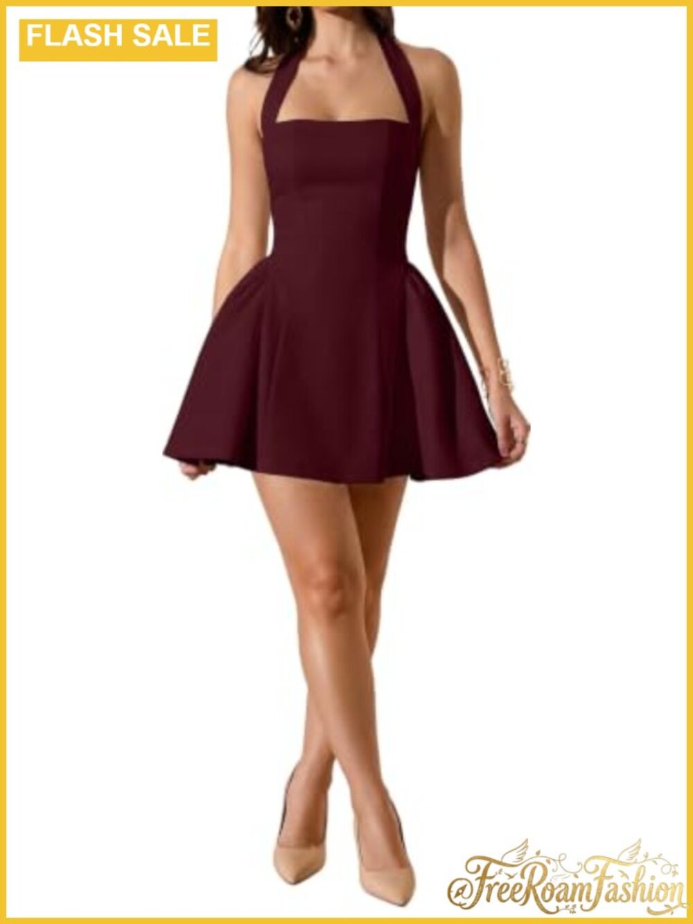 Women's Halter Sleeveless Backless Fit and Flare Mini A-Line Dress